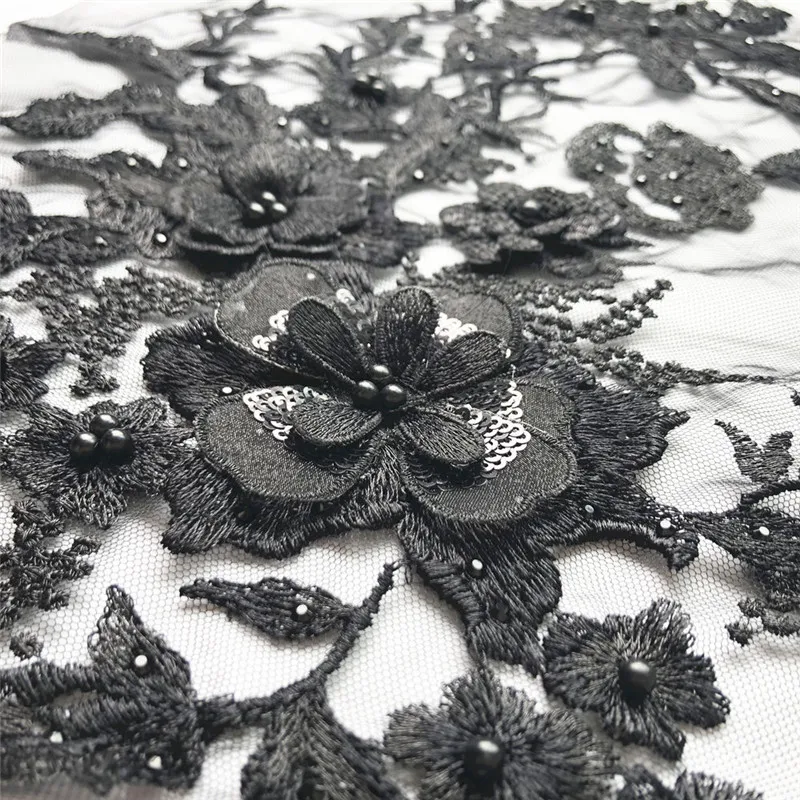 33CM Black Embroidered Flowers Rhinestone Appliques Sew On Patch Pearls Lace Trims Mesh Wedding For Bride Evening Dress DIY