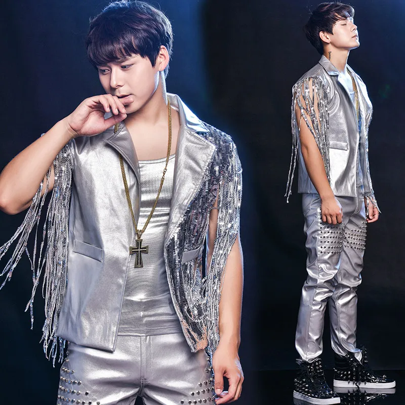 Silver Jazz Dance Costume Sequin Stage Wear For Nightclub Men Singers Tassel DJ DS Hip Hop Gogo Performance Clothing DNV10461