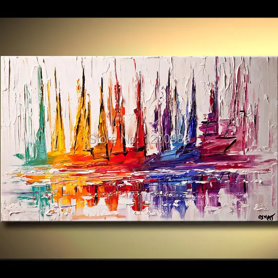 Top Skill Handmade Modern Abstract Colorful Sailing Boat Wall Art Oil Painting on Canvas Hand-painting Home Decorative Pictures