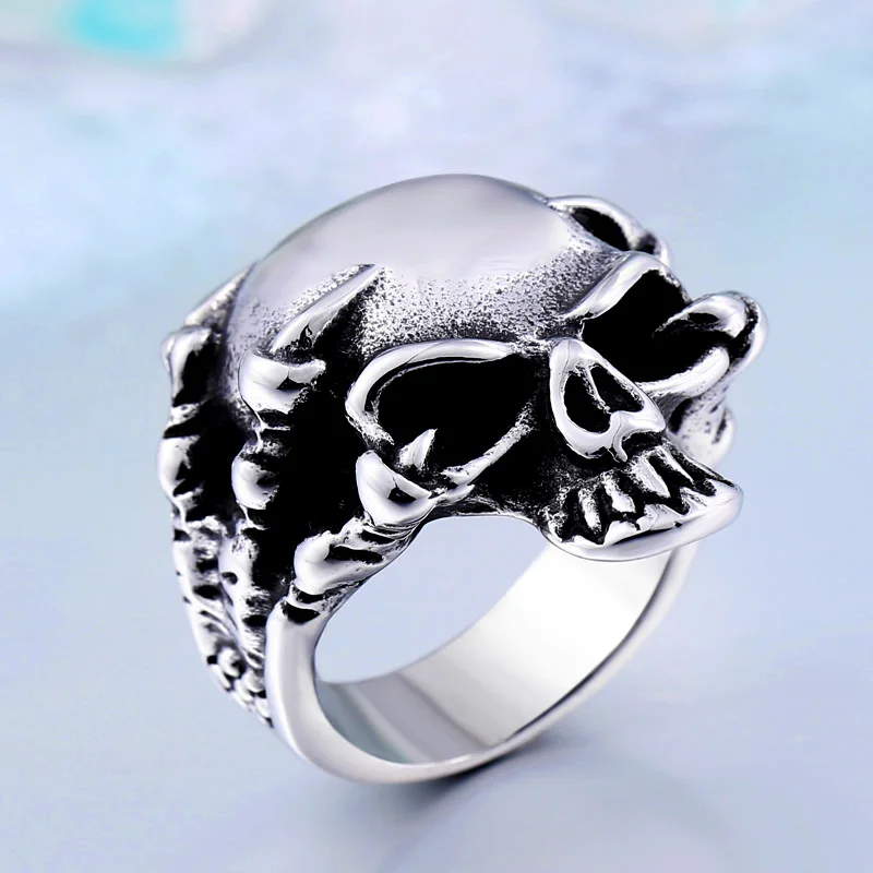 Dropshipping Wholesale 316L Stainless Steel Jewelry Men\'s Gothic Punk Claw Thingking Skull Skeleton Rings BR8-049 US Size