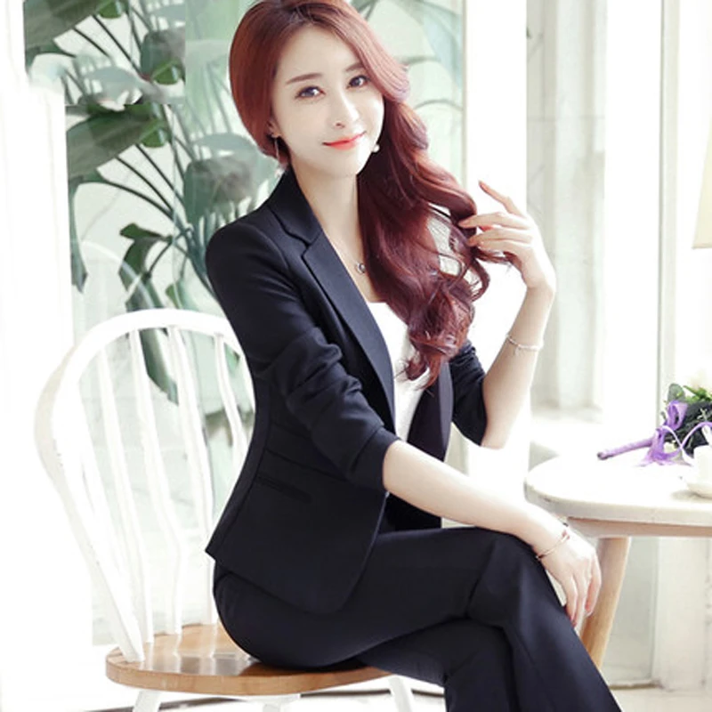 

Spring and Autumn Business Women's 2 Piece Set Interview Set Uniform Long Sleeve Blazer and Pencil Pants Office Black Set TTYC05