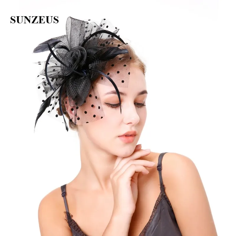 Dot Tüll Braut Hüte Elegante Tüll Federn Blumen Fascinator Schwarz Hüte frauen Wichtige Partei Haar Zubehör SH52