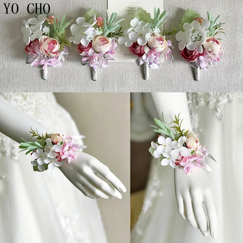 HÌNH CHO Đám Cưới Phụ Kiện Boutonnieres Corsages Hồng Hoa Hồng Vòng Đeo Tay Flore Phù Dâu Phù Rể Hôn Nhân Lụa Cổ Tay Corsages