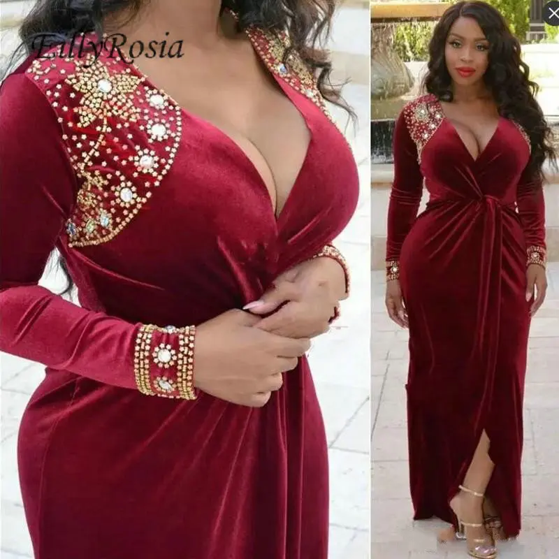 Dark Red Velvet Evening Dresses Long Sleeve Mermaid Front Split Beading Gold Sequins Crystals Pleated V Neck Women Evening Gowns