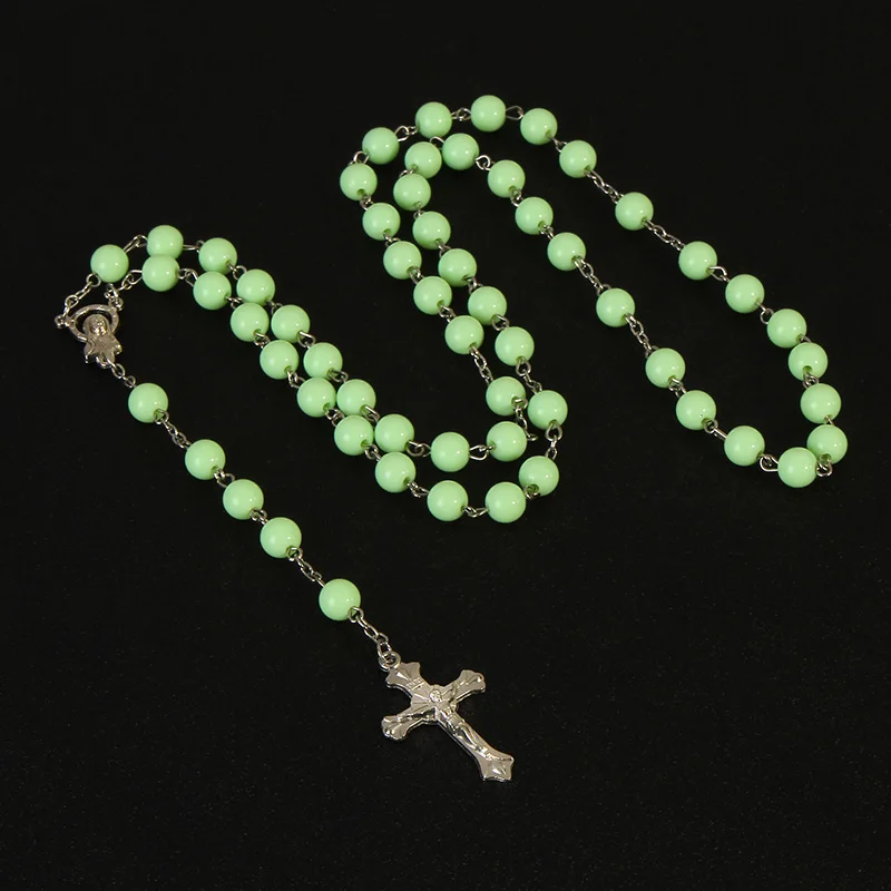 

8mm crystal glass round beads cross necklace girl men's cross pendant mixed color beaded rosary necklace .48pcs