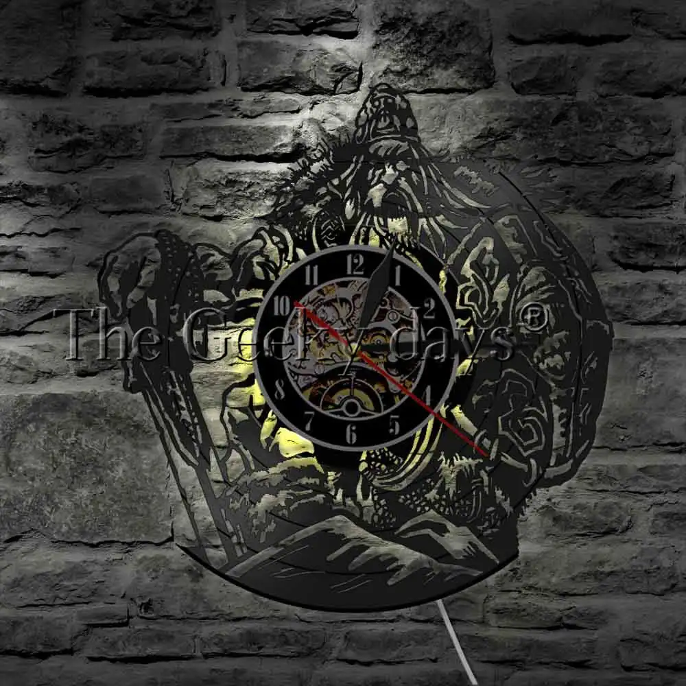 Norse Mythology Odin Art Wall Watch Decorative Lighting LED Hanging Lamp Viking Warrior Sword And Shield Vinyl Wall Clock