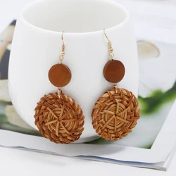 Fashion Bohemian Style Round Straw Woven Dangle Earrings For Women Geometric Exaggerate Round Pendant Statement Jewelry2024