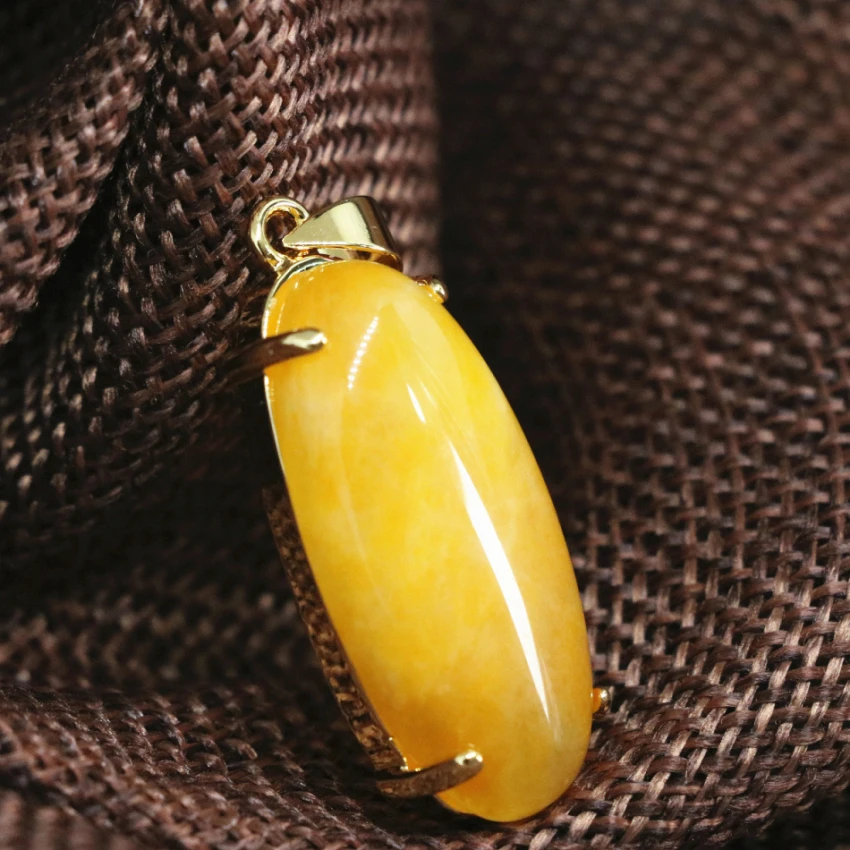 new women drop pendant yellow jades stone oval shape fit diy chain necklace gold-color jewelry 15*30mm B1851