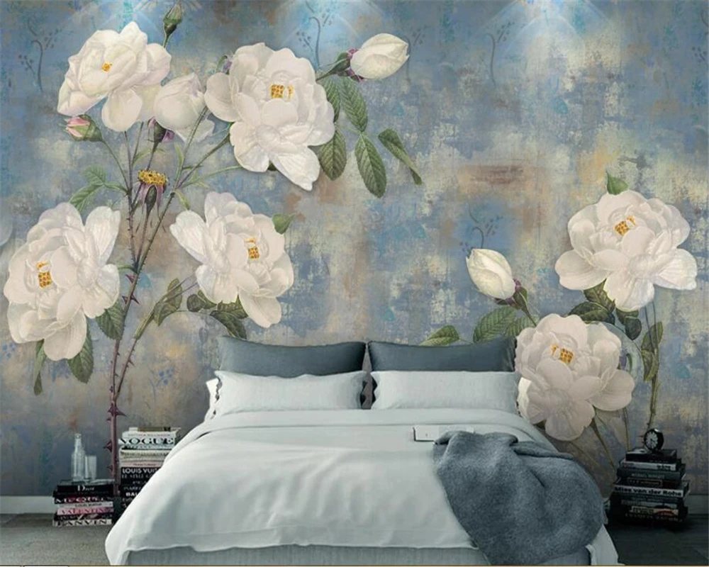 

beibehang 3d wallpaper murals vintage watercolor flower background wall hand-painted oil painting white roses 3d wallpaper