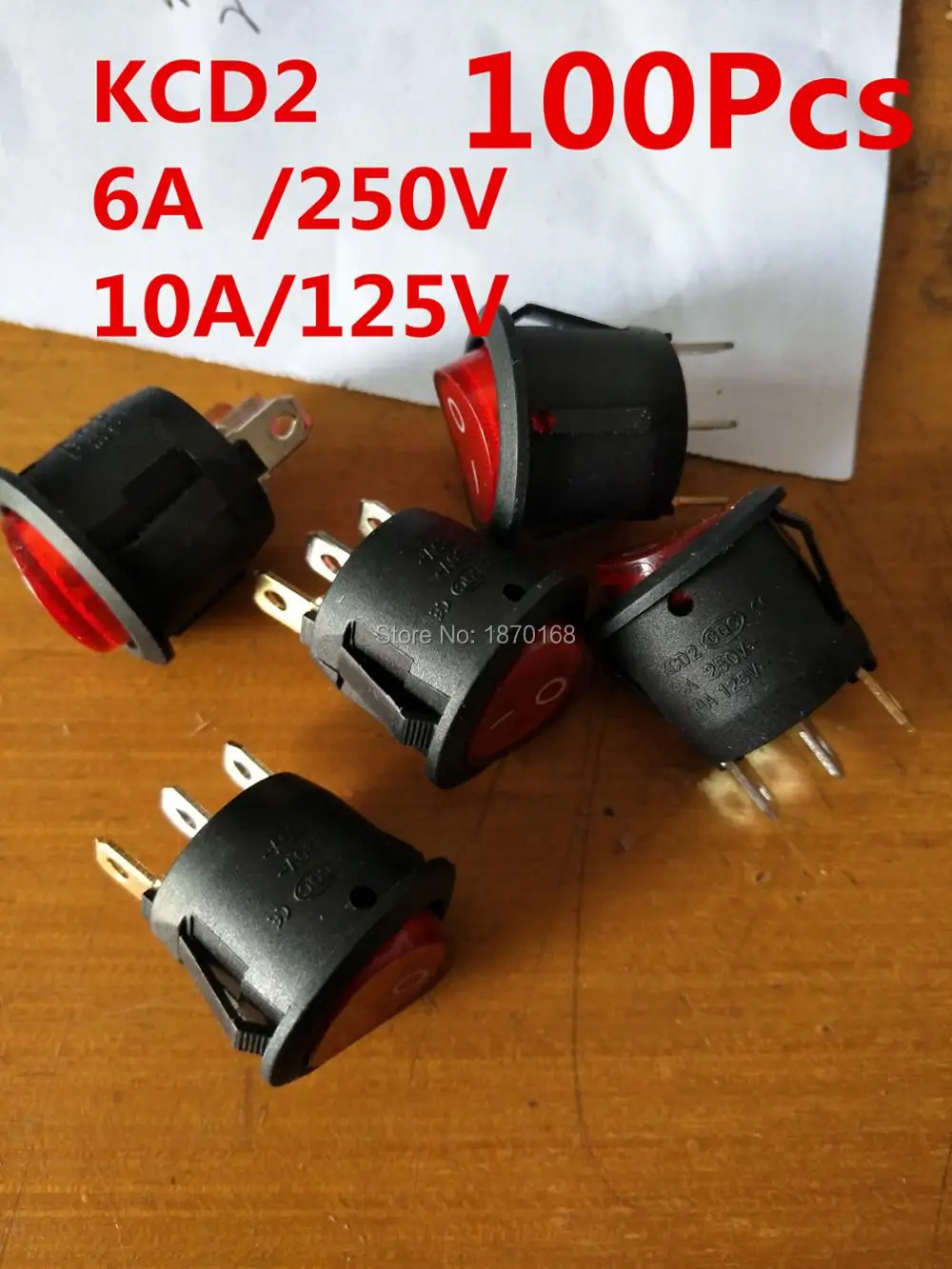 100 Pcs/Lots x AC 6A/250V 10A/125V On/Off Two 2 Positions SPST Red Light Lamp Snap in Round Rocker Boat Switch