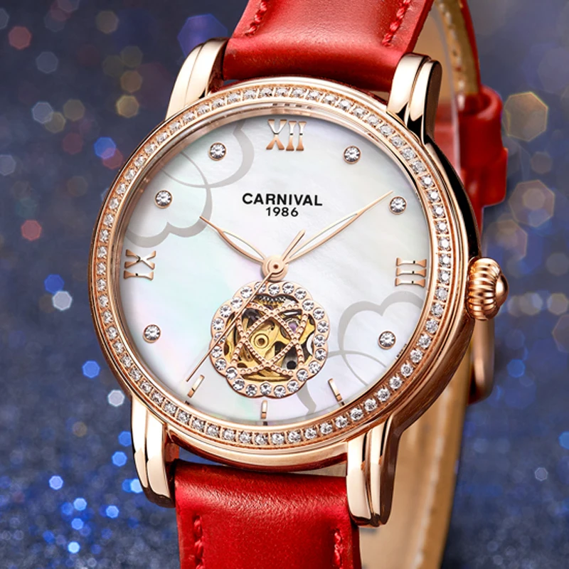 Switzerland CARNIVAL Luxury Brand Automatic Mechanical Women's Watches Diamond Dual Skeleton Flywheel Waterproof Clock C8806L