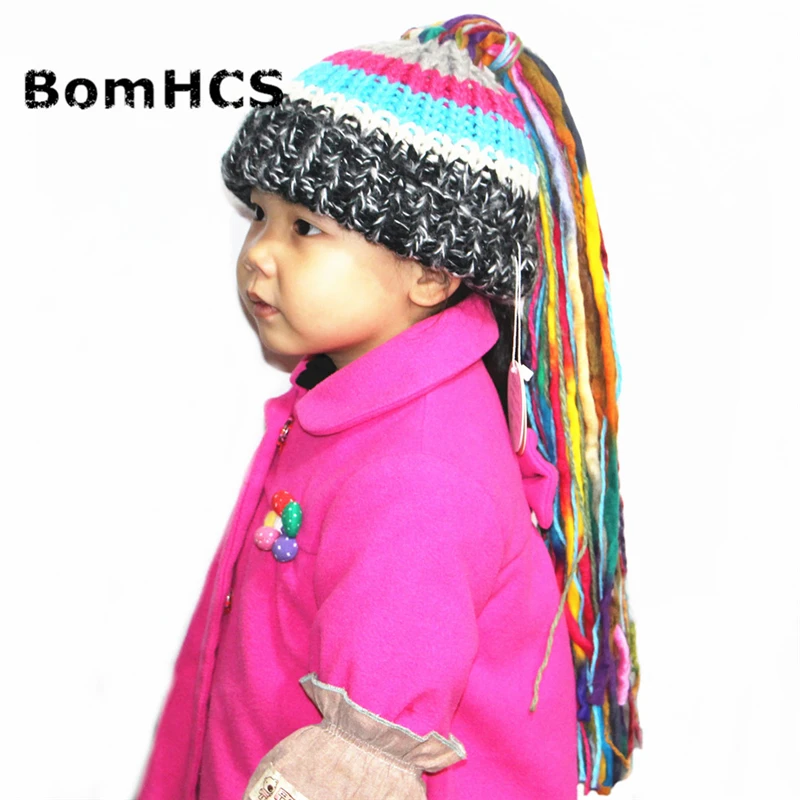 

BomHCS Novetly Winter Wig Hat for Kids Age 3-10 100% Handmade Knitted Stripe CONTRAST Colors Beanie Cap