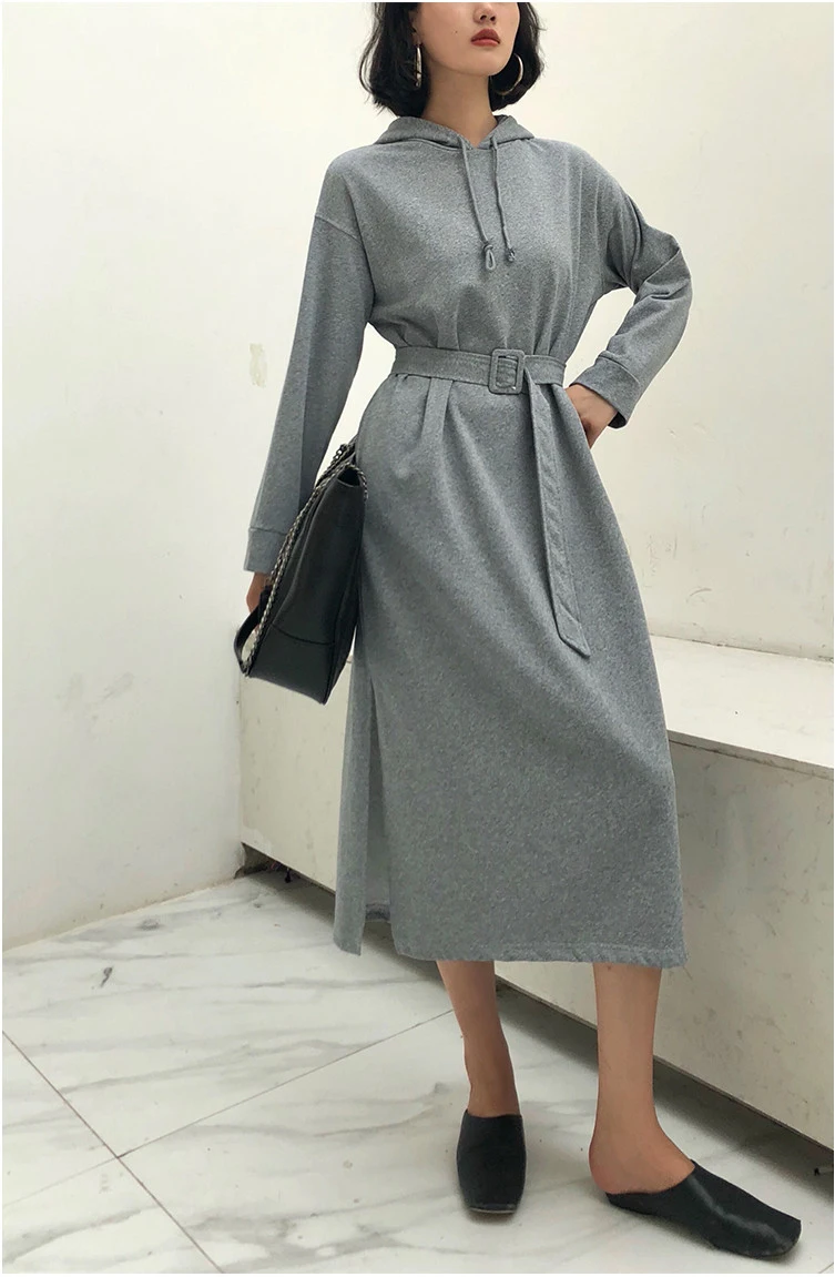 Cheerart Long Midi Sweatshirt Dress Women Long Sleeve Hood Lace Up Split Dress With Belt Grey Korean Fashion Dress Spring