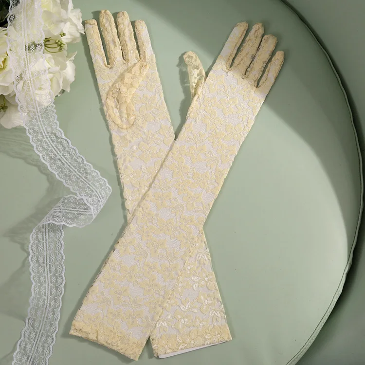 JaneVini 2019 Elegant White Glove Lace Wedding Gloves Elbow Length Bridal Hand Gloves Full Finger Women Long Wedding Accessories