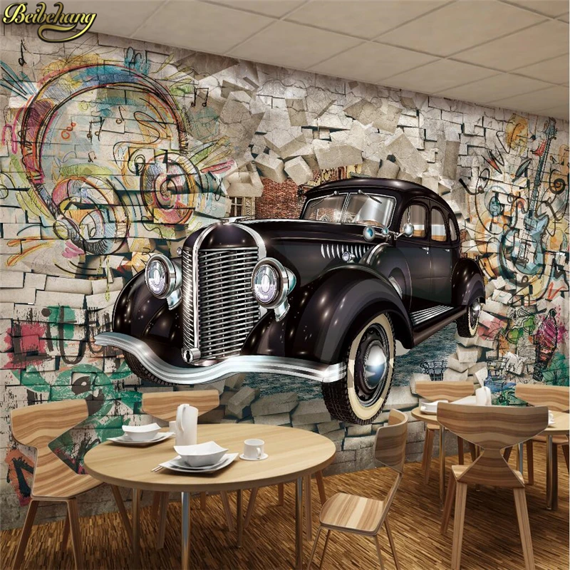 

beibehang Custom Photo Wallpaper Mural Retro Vintage Car Walking Wall 3D Stereo Restaurant Bar Mural Background Wall