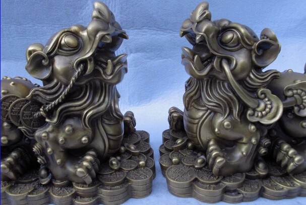 song voge gem S1221 Chinese Royal Brass Copper Feng shui Evil Foo Dog Lion Kylin Brave troops Pair