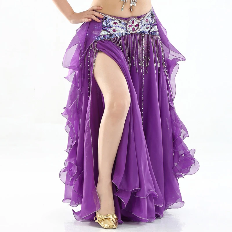 13 Colors Women Belly Dance Clothes Full Circle Maxi Skirts Side Split Ruffle Fringe Belly Dance Skirts (without belt)