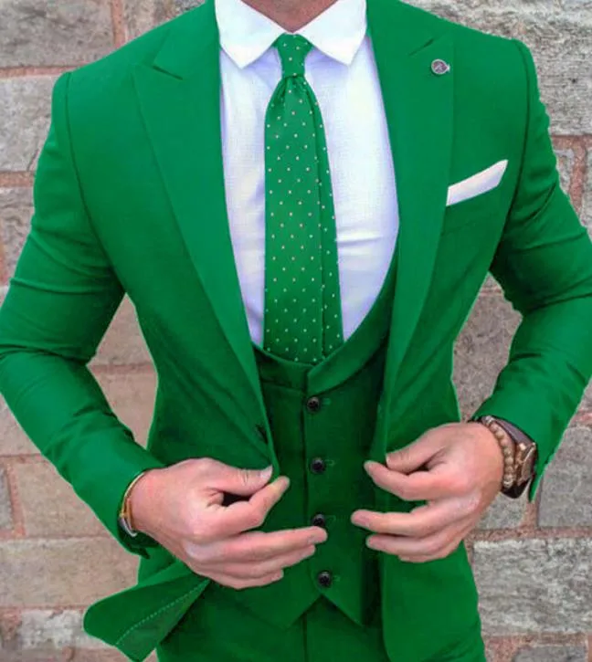 

Fashionable One Button Green Groom Tuxedos Groomsmen Peak Lapel Mens Suits Blazers (Jacket+Pants+Vest+Tie) W:982