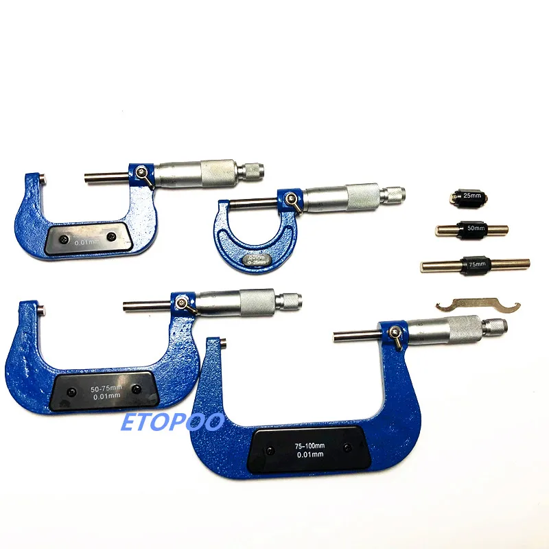 4pcs/set Outside Spiral Micrometer 0-25mm/ 25-50mm/ 50-75mm/ 75-100mm Accuracy 0.01mm Gauge Vernier Caliper Measuring Tools