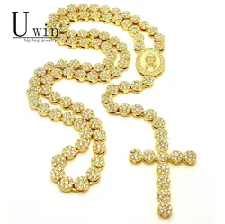 UWIN Iced Out Rosary Flower Necklace Link Bling AAA Rhinestone Gold Color Cross Jesus Head Pendant Mens Hip hop Necklace Chain