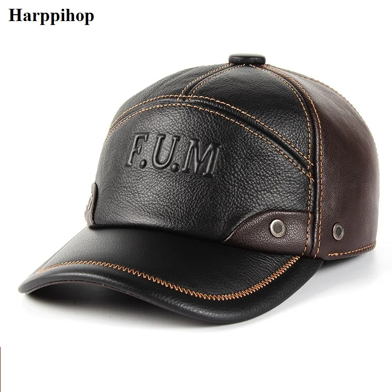 2021 new Winter spring  Warm Men Hat Genuine Leather Cowhide Caps 3 Sizes with cotton Earmuffs outdoor genuine leather baseball