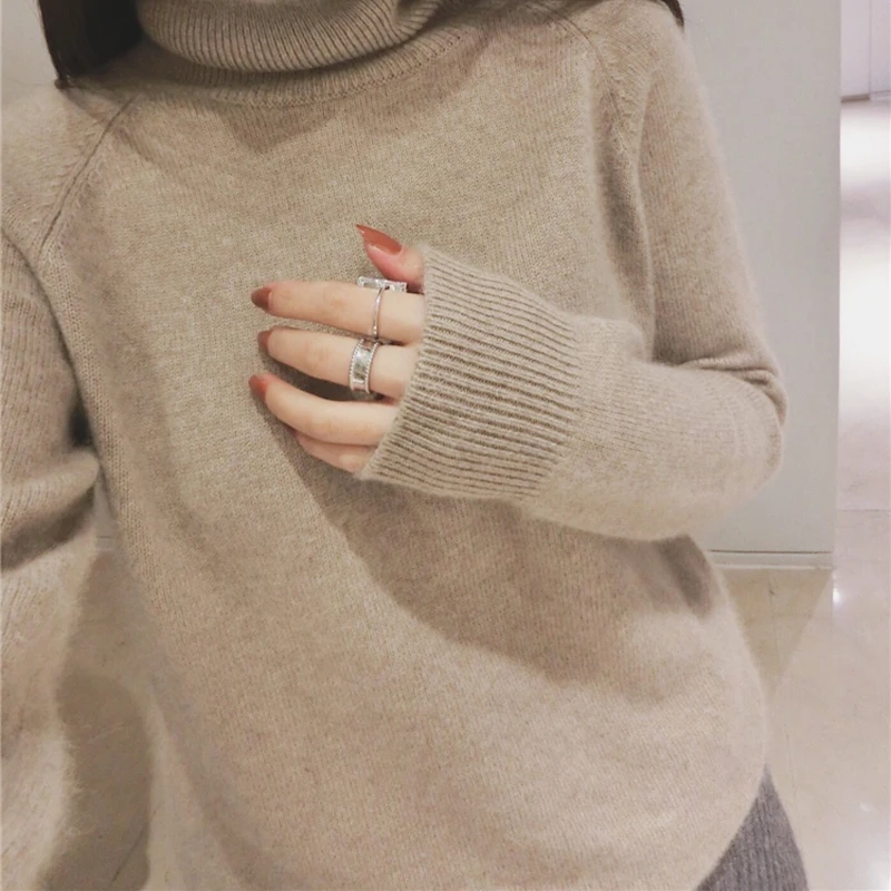 Gejas Ainyu Sweter Kasmir Musim Gugur Musim Dingin Sweter Turtleneck Kerah Tinggi Pullover Wanita Sweter Dasar Wanita Warna Solid