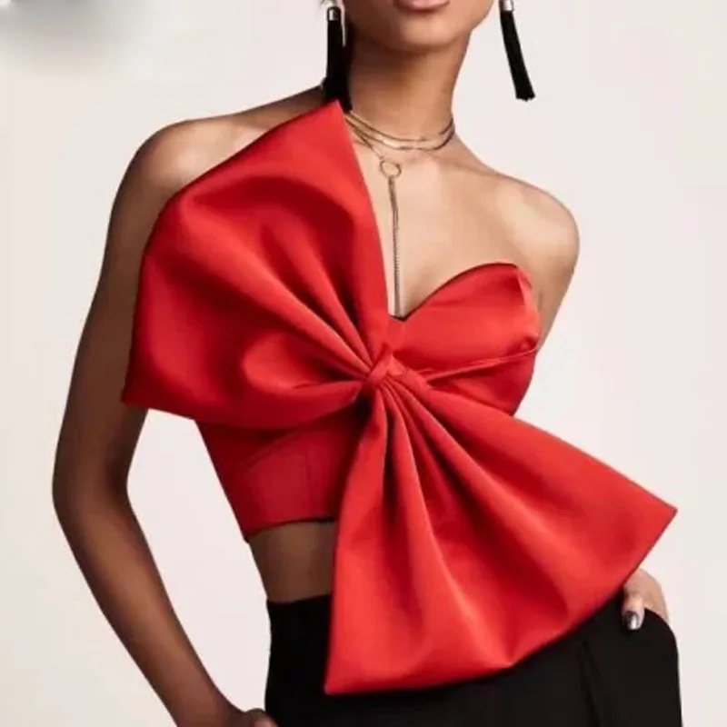 New Fashion 2019 Summer Designer Top Tanks Women\'s Sexy Big Bow Camis Shirt Crop Tops Solid Red Black Party Club