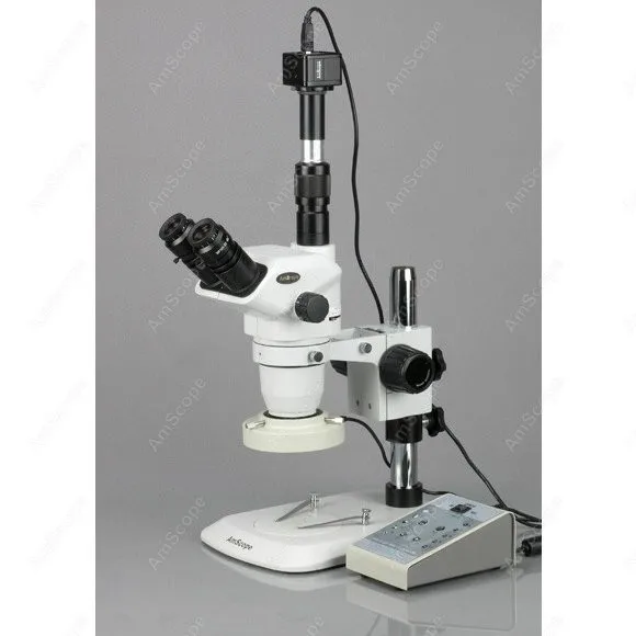 Microscopio stereo trinoculare con zoom serie AmScope ZM-1 3.35X-225X su supporto per pilastro + luce 80-LED + fotocamera digitale da 9 MP