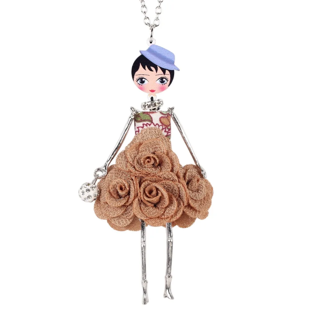 Bonsny Statement Flower Doll Necklace Dress Handmade French Doll Pendant News Alloy Girl Women Flower Fashion Jewelry Gift