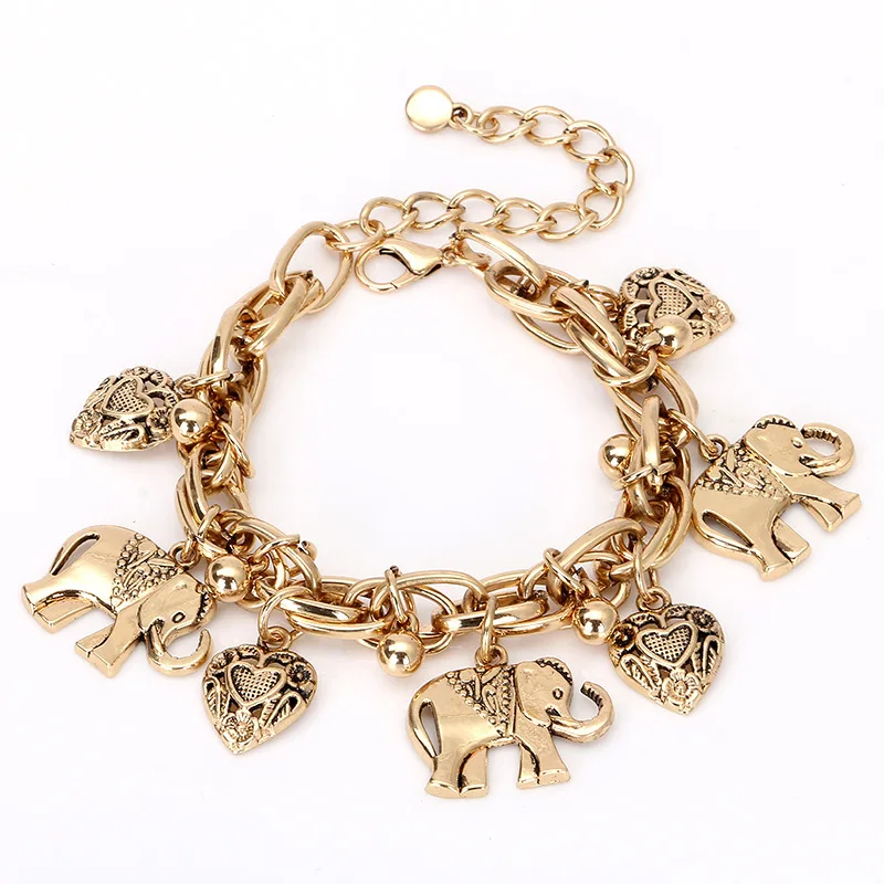 Vintage Elephant Gold Color Elephant Heart Charms  Bracelets  Jewelry