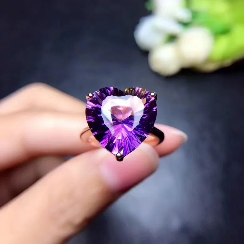 Simple heart-shaped gemstone Natural amethyst lady ring, 925 silver, novel craftsmanship, beautiful colors.