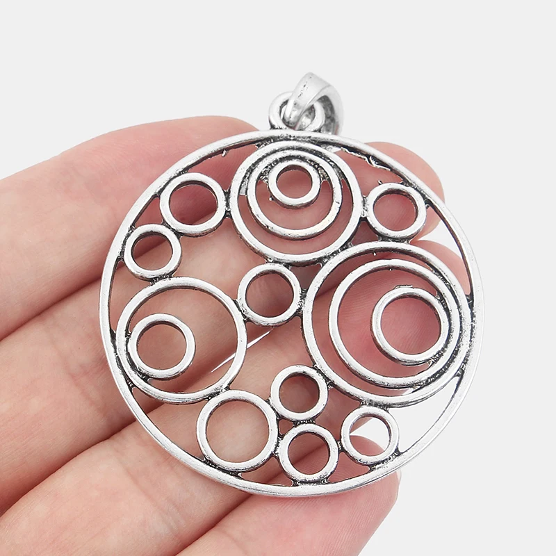 2pcs Antique Silver Color Large Open Hollow Round Circle Pendant For Necklace Jewelry Making Findings Accessories 49*49mm