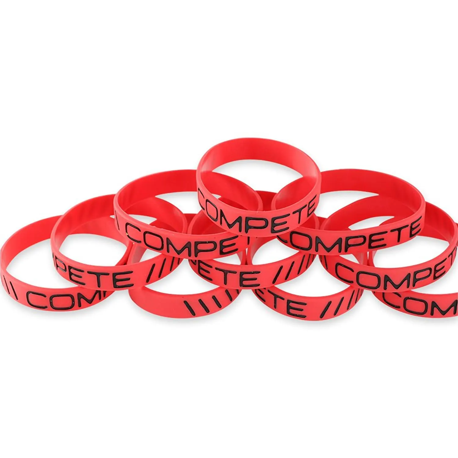 

Customs 30 Pcs Silicone Wristbands COMPETE - Motivational Red Silicone Wristband Debossed Ink Filled Bands Silicone Bracelets