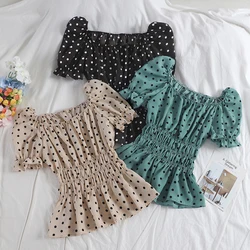 2024 Women Summer Puff Sleeve Square Collar Slash Neck Ruffles Shirt Lady Short Elastic Slim Waist Polka Dot Chiffon Blouse Tops