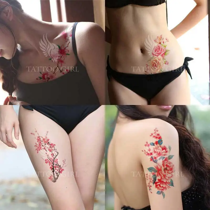 1piece Body art  flash henna tattoo fake temporary tattoos stickers rose peony flowers arm shoulder tattoo waterproof women