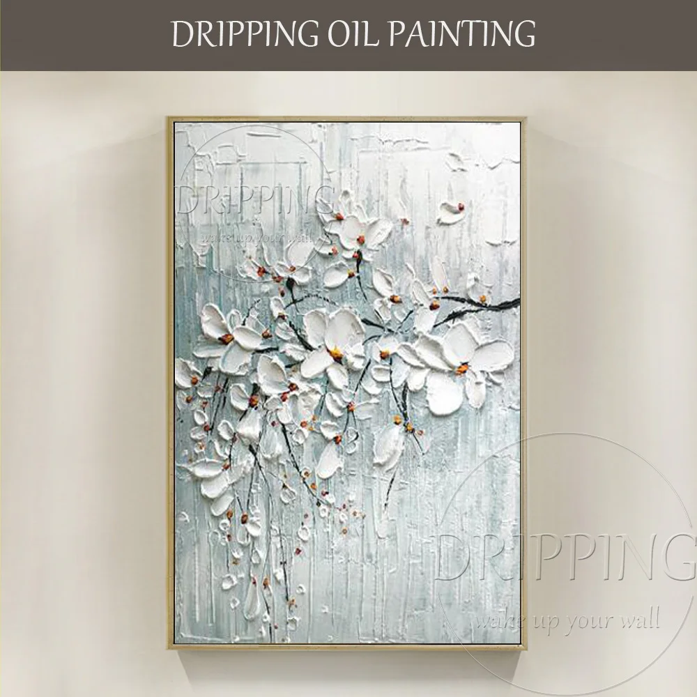 

Hand-painted Knife Textured White Flower Oil Painting on Canvas Abstract Modern White Floral Knife Oil Painting for Living Room