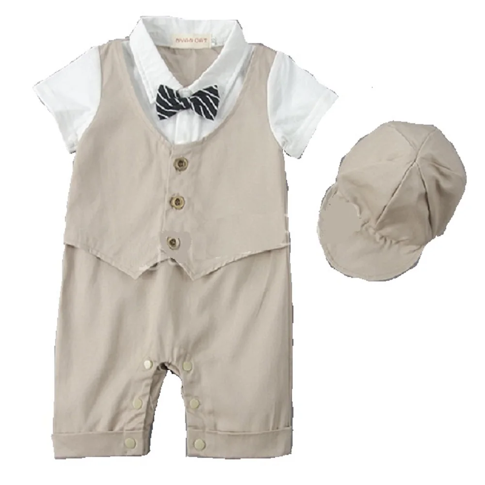 Handsome Baby Boys Clothes Newborn Rompers Gentleman Costumes Baby Jumpsuits With Hats Short Sleeve Tuxedo Vest Cotton Bow Ties