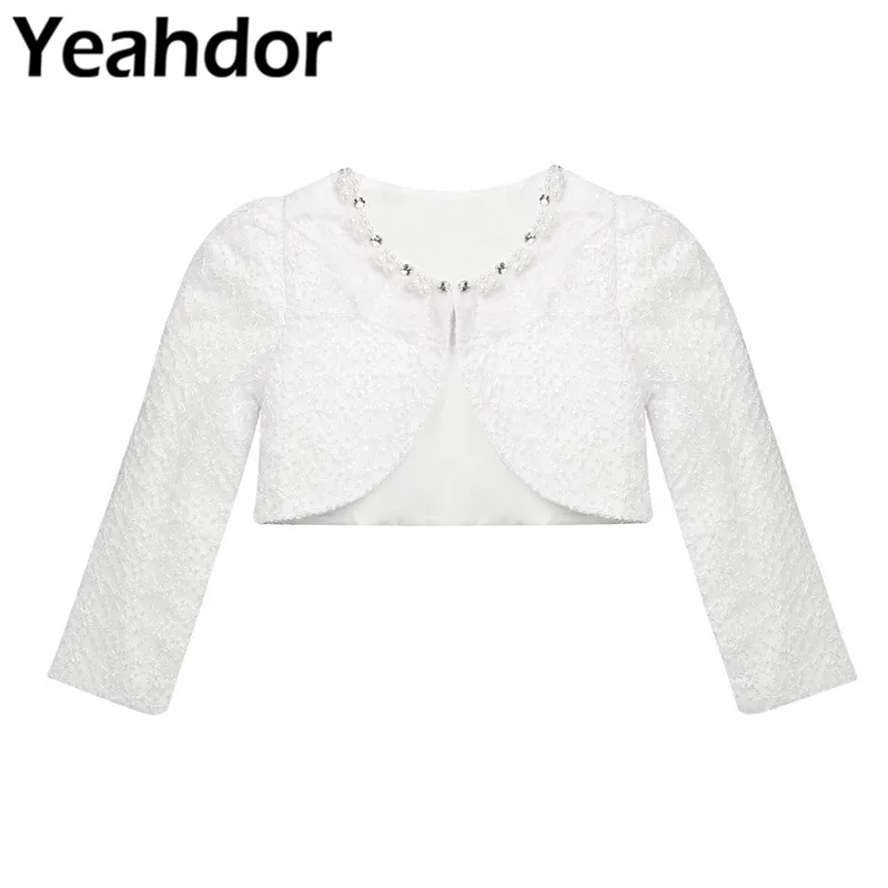 Trắng Bé Gái Tay Dài Ren Hoa Một Khóa Đóng Cửa Bolero Nhún Vai Cardigan Đầu Tiệc Cưới Đầm Hoa Bé Gái Đeo mũi