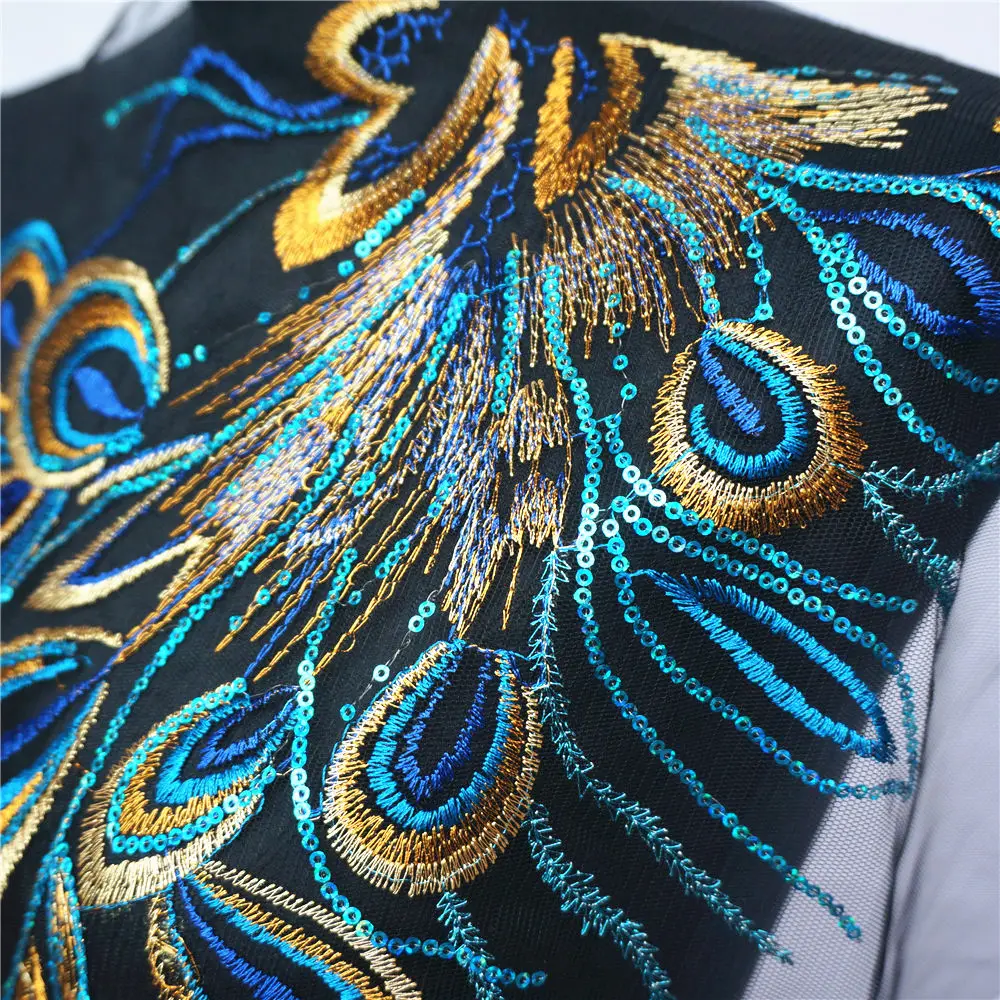 Big Size Blue Sequins Embroidered Phoenix Peacock Feather Black Mesh Wedding Appliques Lace Trims Sew On Patches For Dress DIY