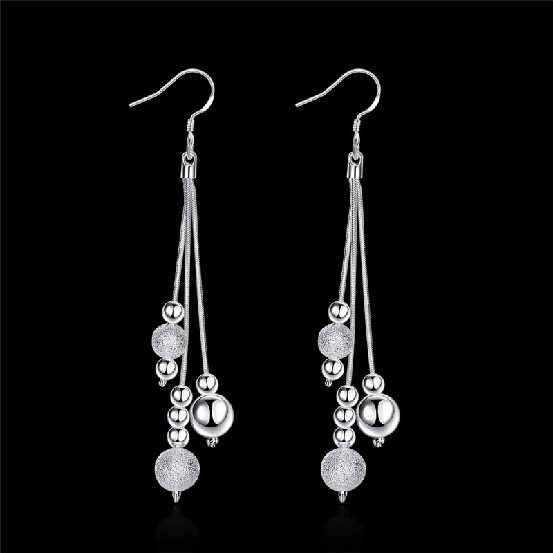 DOTEFFIL 925 Sterling Silver Matte Smooth Bead Ball Drop Earrings For Woman Wedding Engagement Fashion Party Charm Jewelry 4