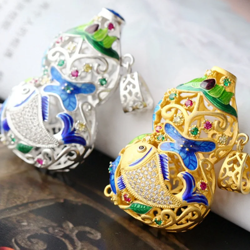 

Retro Thai Silver Wholesale S925 Sterling Silver Pendant Cloisonne Openwork Pattern Big Gourd Female Silver Pendant