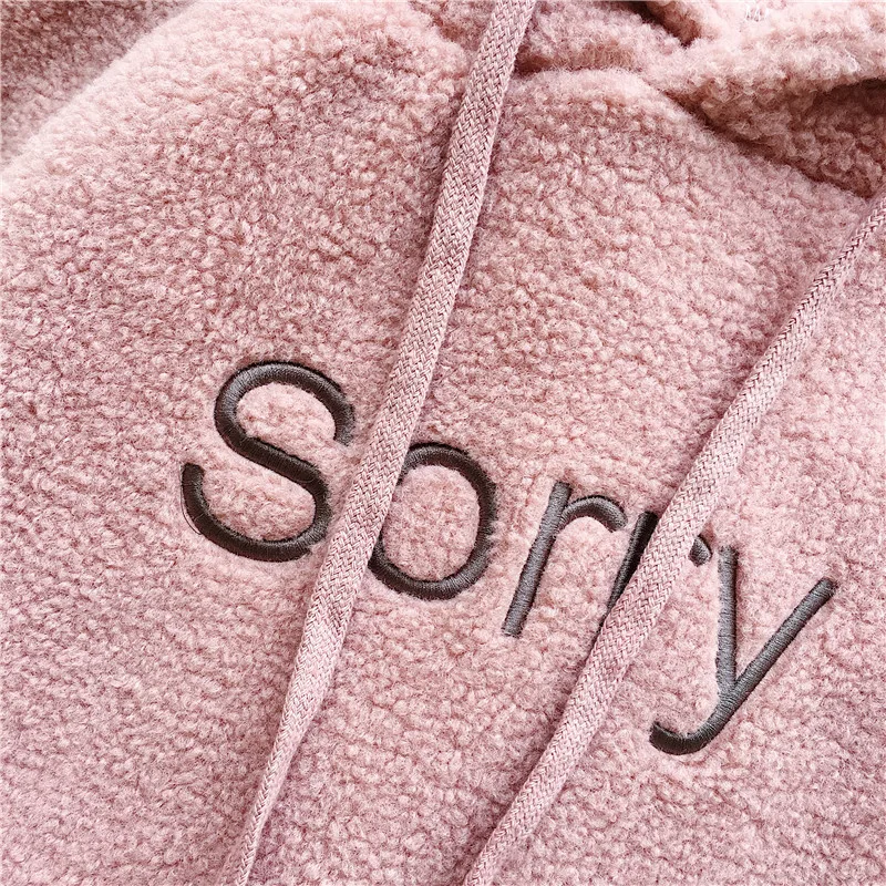 Winter Thicken Coat Keep Warm Hooded Sorry Print Harajuku Loose Pocket Hoodies Womens Fleece Flannel Pullover Female Sweatshirt