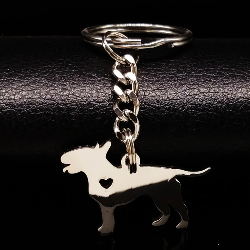 Bull Terrier Pet Dog Love Heart Stainless Steel Key Chain for Women Men Silver Color Keychain Keyring Jewelry porte clef K1345S1