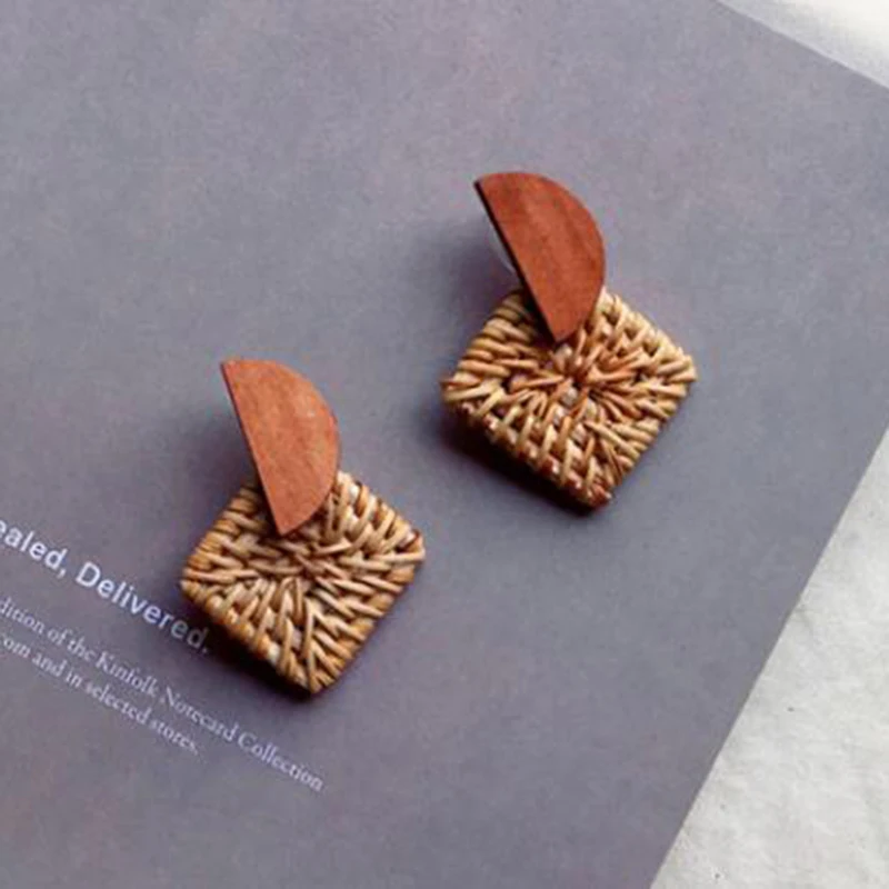 New Fashion Korea Handmade Geometric Wooden Big Hollow Out Square Rattan Straw Weave Drop Earrings for Women2019