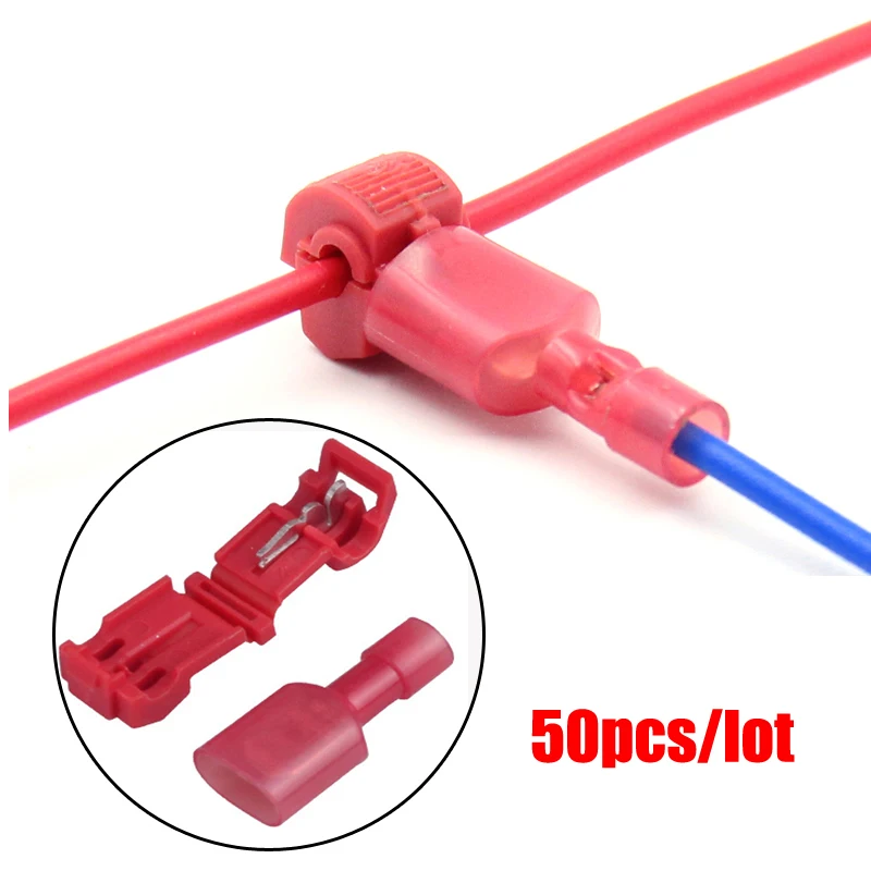 NEW 50PCS Red  0.3mm-1mm Red Wire terminals T Type quick Splice Crimp Terminal Cable wiring connector cable clamp