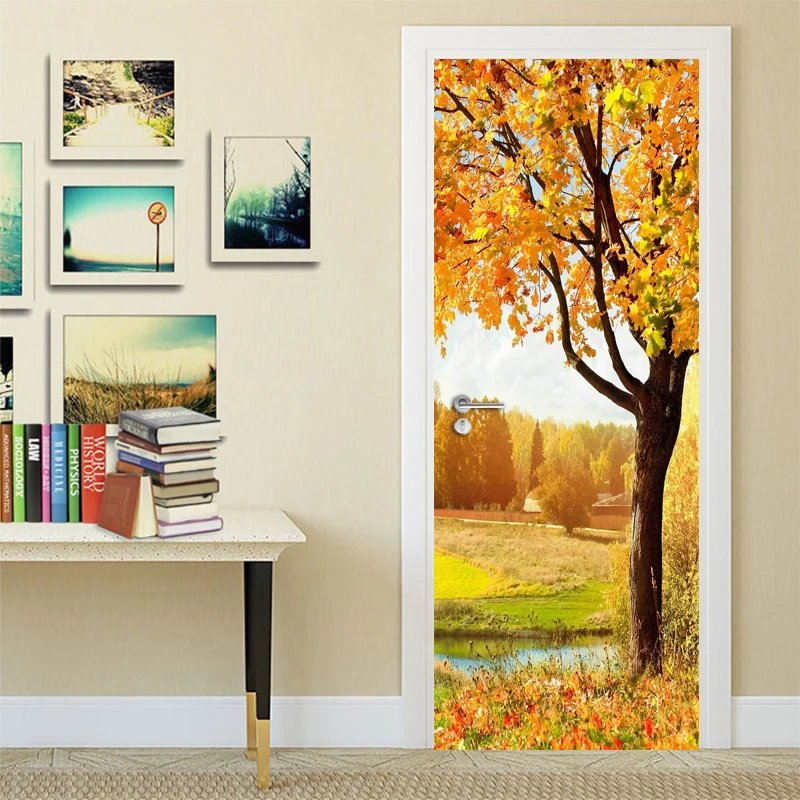 

Golden Autumn Tree Leaves Nature Landscape 3D Door Sticker Mural PVC Self-adhesive Waterproof Decorative Wallpaper Wall Decals