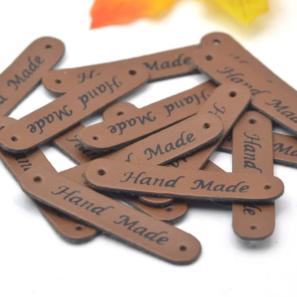 KALASO Wholesale 30pcs Brown Handmade Labels Clothes Garment PU Leather Labels Hand Made Tags Jeans Bags Shoes Sewing Supplies