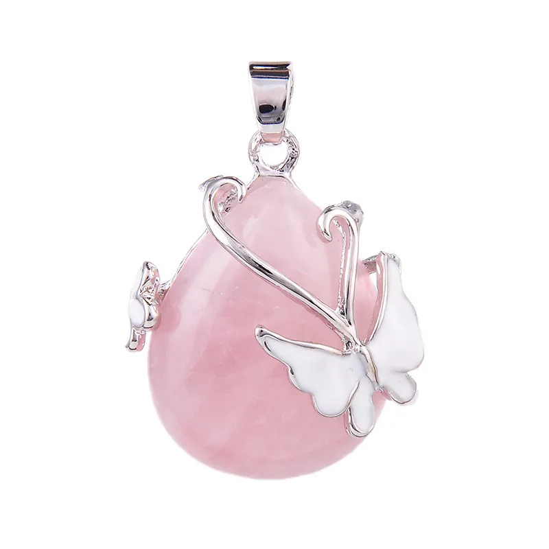 New Natural Stone Amethysts Rose Pink Quartz Opal Water Drop Beads Enamel Butterfly Inlay Pendant for Women Necklaces Jewelry
