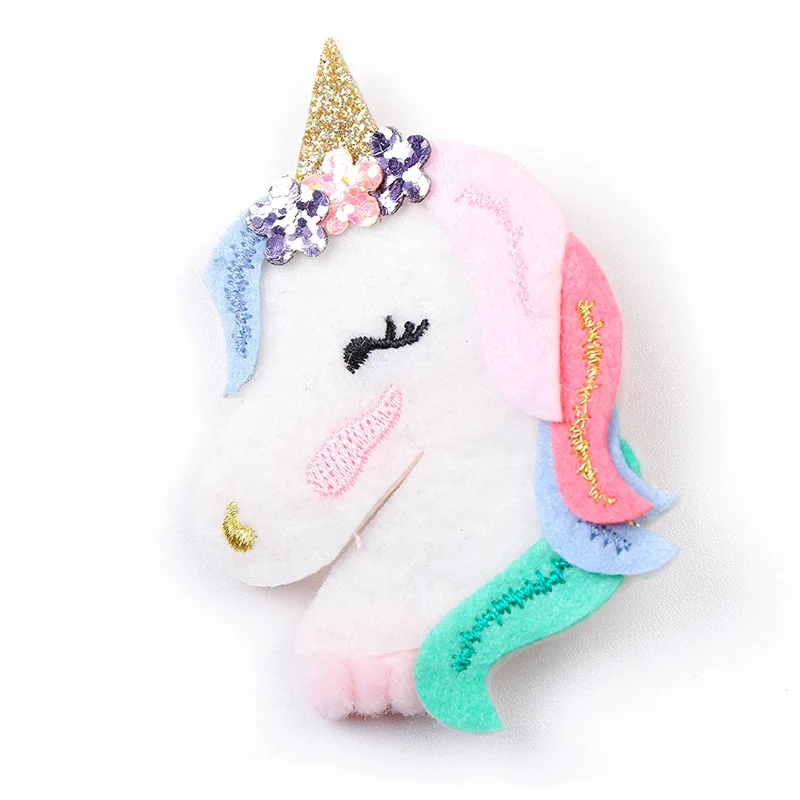 

Boutique 10pcs Fashion Cute Glitter Floral Unicorn Horse Hairpins Kawaii Solid Felt Rainbow Hair Clips Princess Headwear