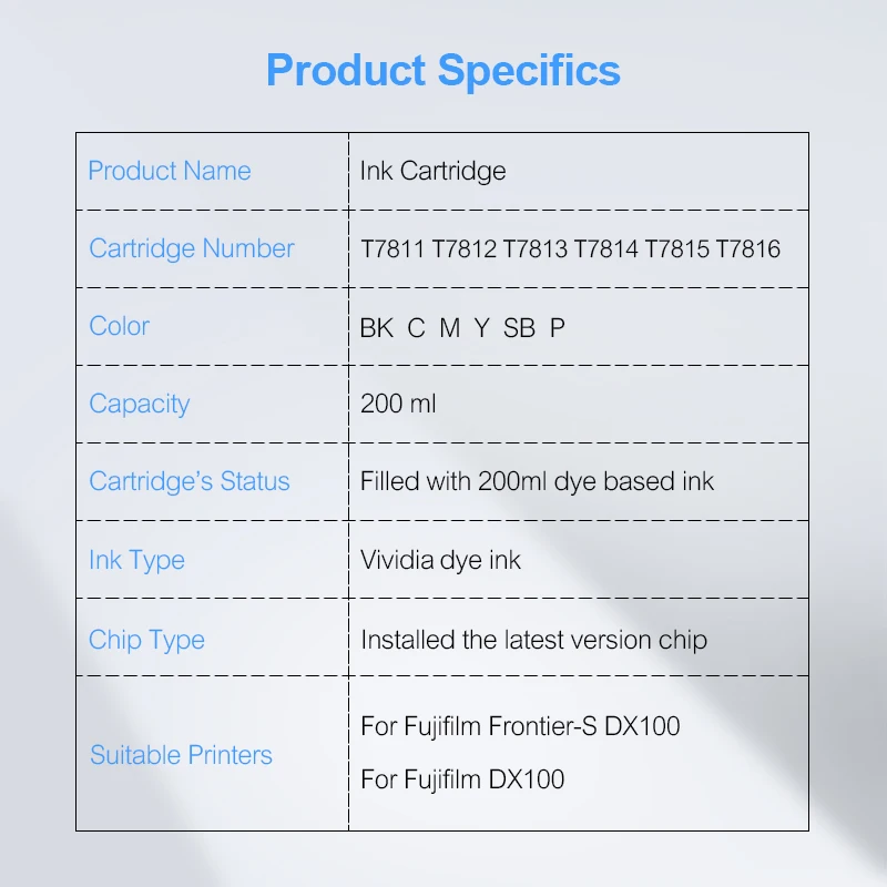 6Colors/Set T7811-T7816 Compatible Ink Cartridge Filled With Dye Ink For Fujifilm Frontier-S DX-100 Fuji DX100 Printer 200ML/PC